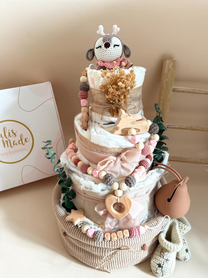 Windeltorte Waldprinzessin Reh Rosa Natur – personalisiertes Mädchen Baby Geschenk Geburt