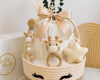 Personalized diaper cake with name | Neutral baby gift set | Diaper basket with giraffe | Baby shower gift