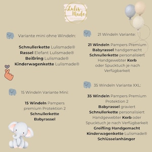 Op de afbeelding: Een afbeelding met een olifantenillustratie en tekst die verschillende babyproduct opties beschrijft. De tekst bevat "Schnullerkette", "Babyrassel", "Kinderwagenkette", "Lulismade", "Pampers", "Protektion", "Greifling" en "Schl&uuml;sselanh&auml;nger".