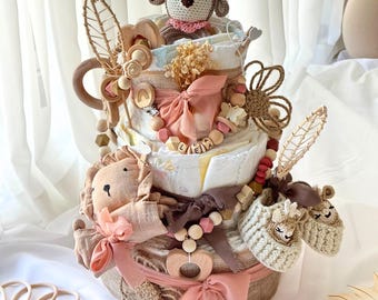 Diaper cake girl with deer, pink baby gift for birth