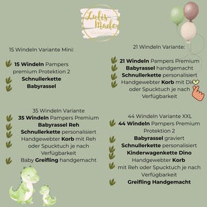 May include: A product information sheet with text in German, featuring a logo and illustrations of baby products. The text lists various baby gift sets, including diapers, rattles, and handmade items. Green and brown color scheme.