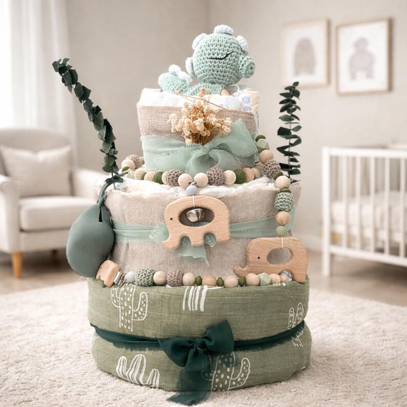 Gâteau de couches bohème dinosaure – Cadeau de naissance personnalisé | Cadeau de couches neutre pour une baby shower | Cadeau de baptême pour un garçon image 2