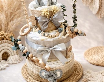 Elephant Boho Diaper Cake | Baby Gift for Newborns | Pampers Diaper Cake Baby Shower Gift | Neutral Baby Gift | Diaper Cake