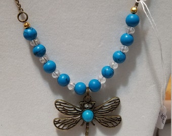 Antique Brass Dragonfly Pendant with  Turquoise and White Crystal Beads 30" Necklace