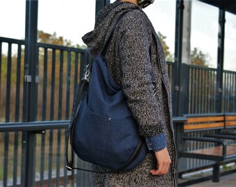 Borsa a tracolla vegana di tutti i giorni / cerniera grande scuola grande / boho boho casual città semplice borsa / blu marino / tessuto in finta pelle