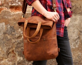 Bag backpack handbag 3in1 / casual simple minimal vegan bag / pocket strap belt comfortable / school everyday busy city cognac ginger brown