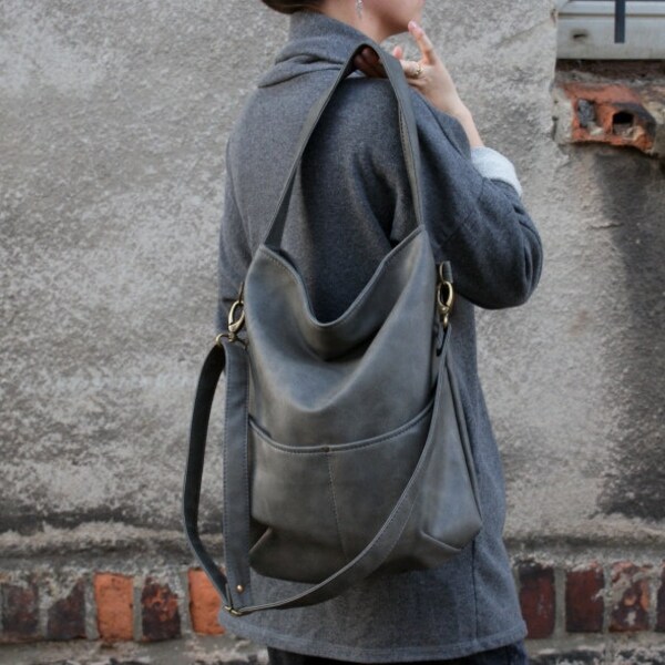 Everyday handbag shoulder bag zipper / fake leather faux leather vegan minimal simple industrial express / dark grey grey casual street gift