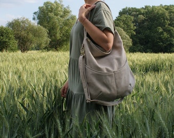 Sac à main végétalien de tous les jours sac à bandoulière / fermeture éclair grande grande école / boho boho hippie vieux vintage / beige nude / faux tissu en cuir