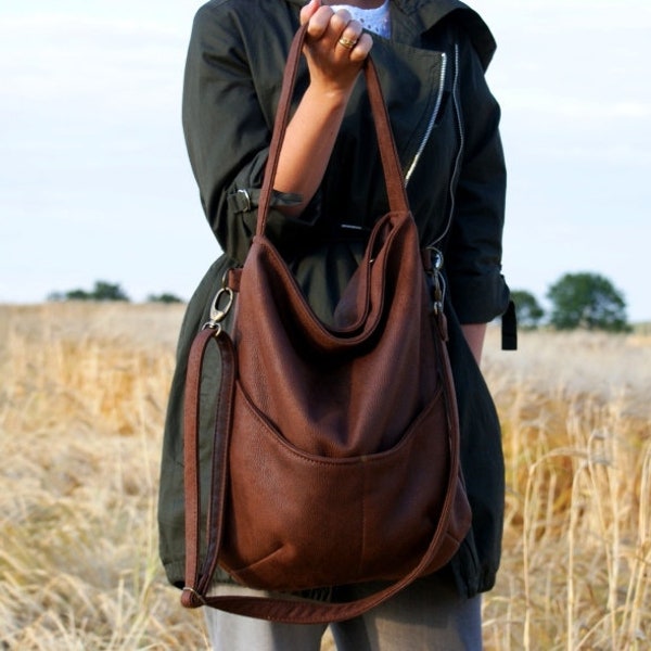 Bolso de mano vegano diario bolso de hombro / cremallera gran escuela grande / boho boho hippie viejo vintage / bronce marrón cacao / tela de cuero falso