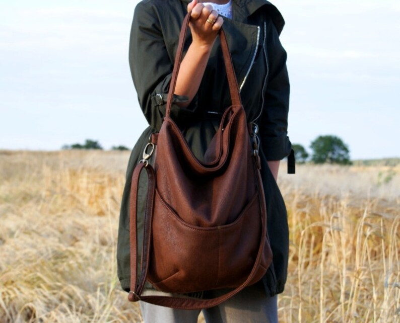 Everyday vegan handbag shoulder bag / zipper large big school / boho bohemian hippie old vintage / bronze brown cocoa / fake leather fabric