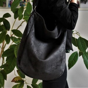 IKS bag black bag / large / hobo boho bohemian / simple zipper big vegan vegetarian / fake leather faux leather / fabric / school / casual image 3