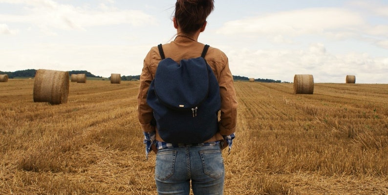 Vegan Backpack Rucksack Bag Sack Plecak / bohemian boho blue navy blue / everyday city unisex / linen fabric / trip travel school university zdjęcie 3