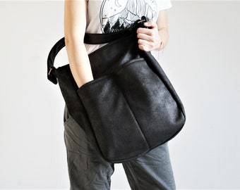 IKS bag black bag / large / hobo / simple zipper big vegan vegetarian / fake leather faux leather / fabric / school / casual bag/ city bag