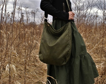 IKS bag nature green / large / hobo boho bohemian / simple zipper big vegan vegetarian / fake leather faux leather / fabric / school