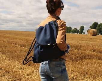 Zaino vegano Zaino Borsa Sacco Plecak / boho boho blu navy / quotidiano città unisex / tessuto lino / viaggio scuola di viaggio università