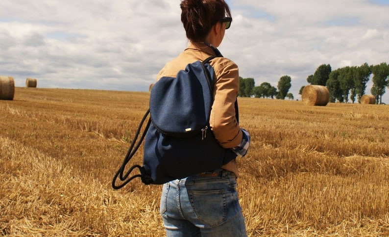 Vegan Backpack Rucksack Bag Sack Plecak / bohemian boho blue navy blue / everyday city unisex / linen fabric / trip travel school university zdjęcie 1