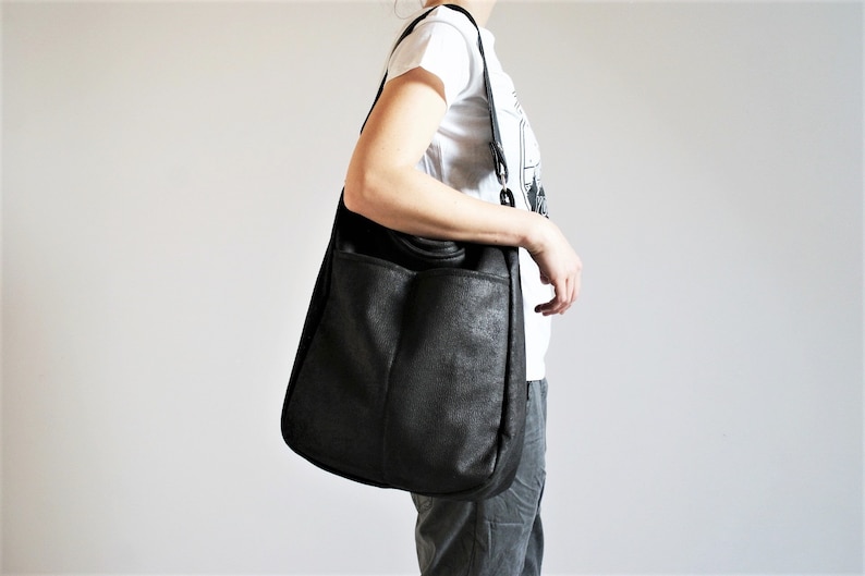 IKS bag black bag / large / hobo / simple zipper big vegan vegetarian / fake leather faux leather / fabric / school / casual bag/ city bag image 4