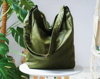 Borsa IKS verde natura / grande / hobo boho boho / cerniera semplice grande vegan vegetariano / finta pelle ecopelle / tessuto / scuola