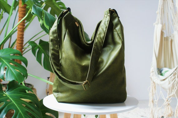 Bolso de tela grande con cremallera, verde.