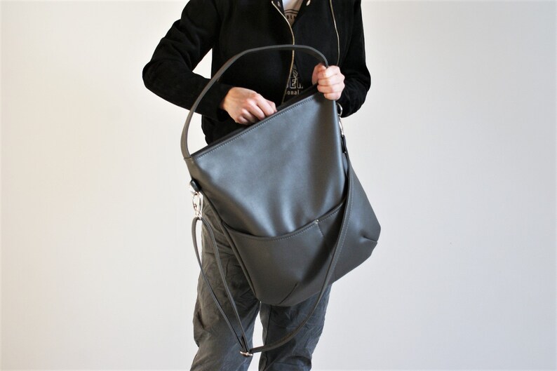 Everyday handbag shoulder bag zipper / fake leather faux leather vegan minimal simple industrial express / grey city casual street gift 画像 2