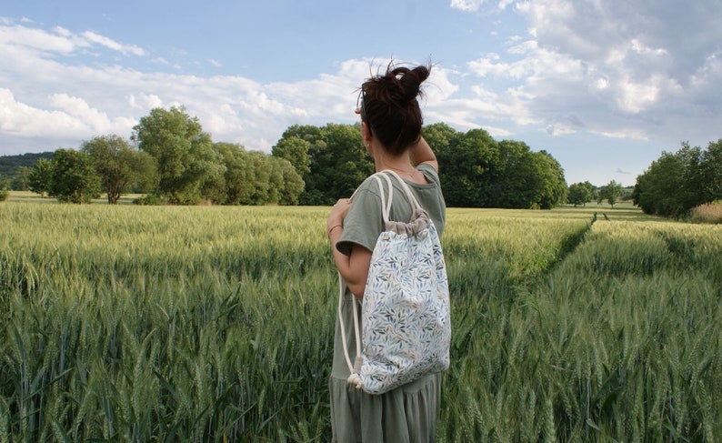 Vegan Backpack Rucksack Leafling backpack / bohemian boho / floral / everyday city crueltyfree / linen fabric trip travel school university zdjęcie 4