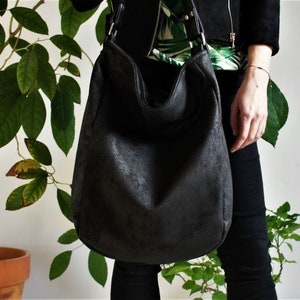 IKS bag black bag / large / hobo boho bohemian / simple zipper big vegan vegetarian / fake leather faux leather / fabric / school / casual image 2