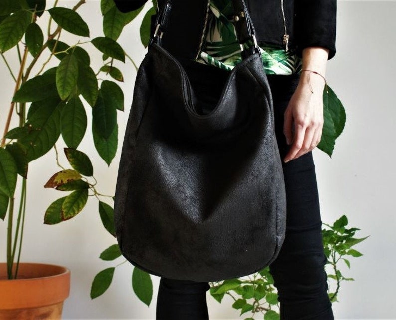 IKS bag black bag / large / hobo boho bohemian / simple zipper big vegan vegetarian / fake leather faux leather / fabric / school / casual image 2