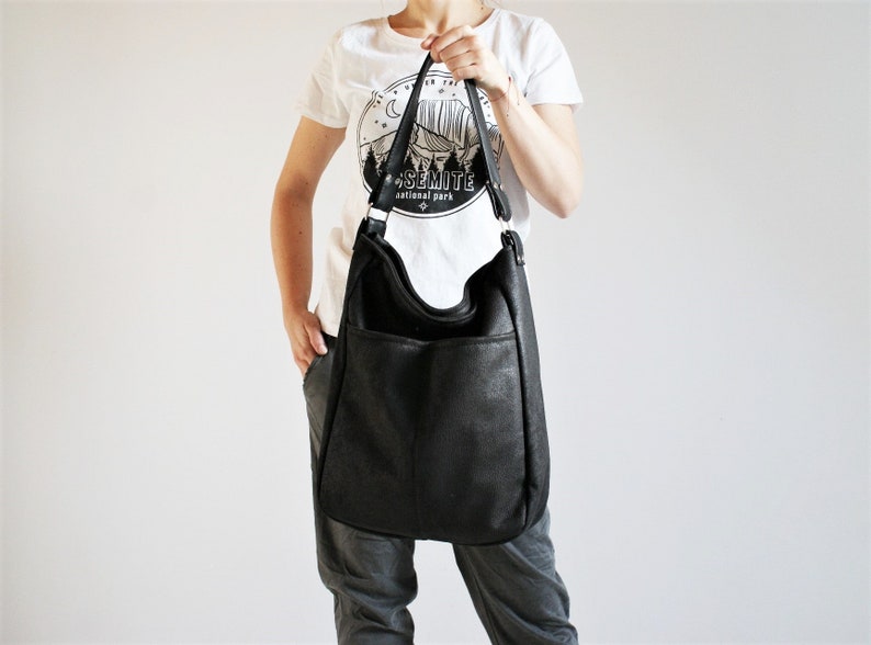 IKS bag black bag / large / hobo / simple zipper big vegan vegetarian / fake leather faux leather / fabric / school / casual bag/ city bag image 5