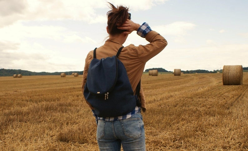 Vegan Backpack Rucksack Bag Sack Plecak / bohemian boho blue navy blue / everyday city unisex / linen fabric / trip travel school university zdjęcie 4