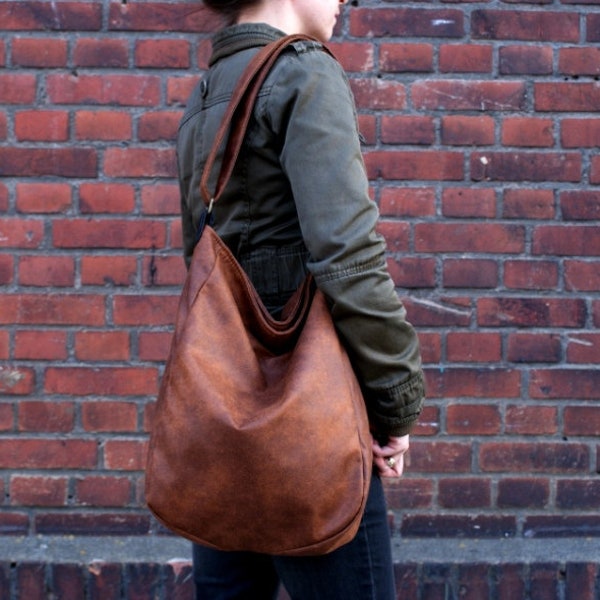 IKS bag nature bronze cognac / large / hobo boho bohemian / simple zipper big vegan vegetarian / fake leather faux leather / fabric / school