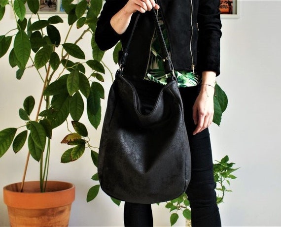 IKS Bag Black Bag / Large / Hobo Boho Bohemian / Simple Zipper Big Vegan  Vegetarian / Fake Leather Faux Leather / Fabric / School / Casual - Etsy