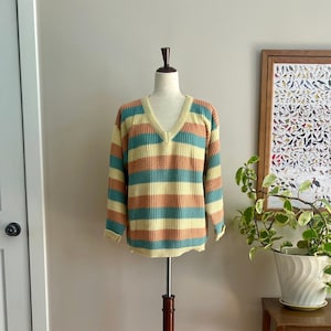 Early 1980's thick striped v-neck sweater, oversized fit, cool pastel colors, excellent condition size L