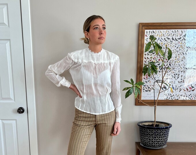 1940's Sheer White Long Sleeve Blouse, Tonal Stripes Lace Trim and Reverse Carved Multifaceted