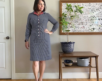 1960'S blue with white polka dot and red collar long sleeve sheath shirtdress, excellent condition, size large