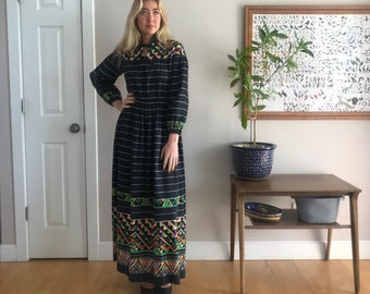 1970's colorful border print maxi dress, southwestern print, bishop sleeves, super full skirt, amazing design excellent condition size small