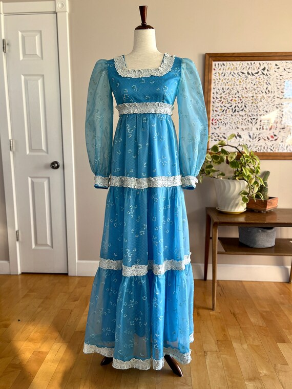 1970’s blue maxi dress, flocked flower polka dot … - image 4