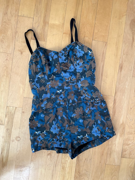 1950's abstract floral swimsuit navy/blue/brown/b… - image 8