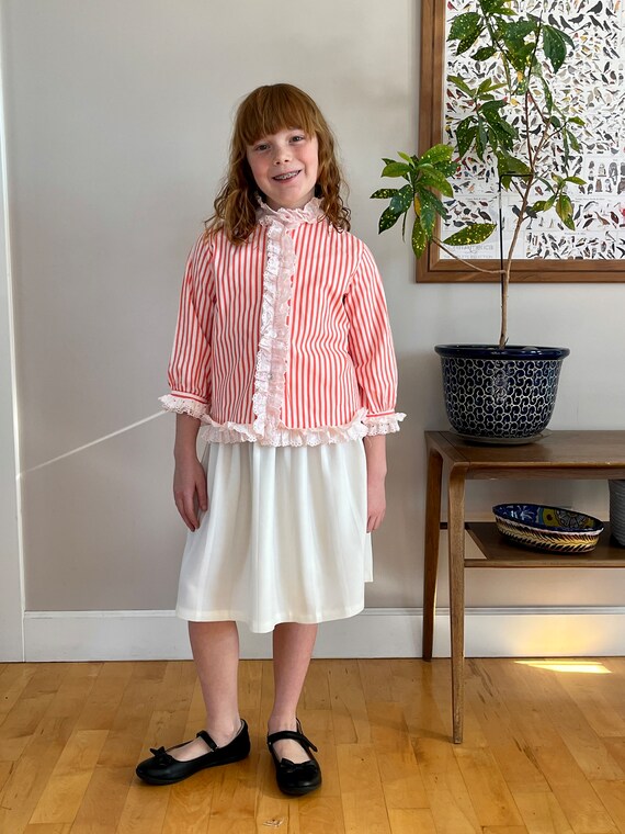 1950’s girls 2-piece skirt set, striped lace trim… - image 3