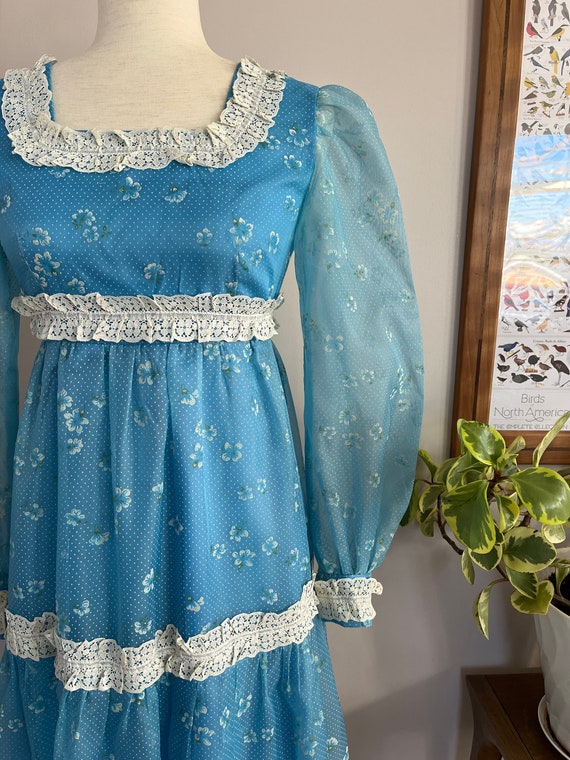 1970’s blue maxi dress, flocked flower polka dot … - image 3