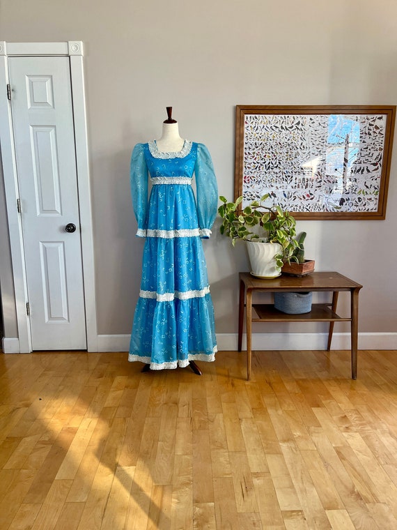 1970’s blue maxi dress, flocked flower polka dot … - image 1