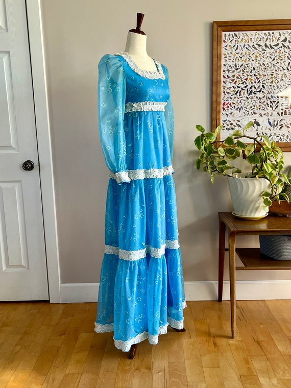 1970’s blue maxi dress, flocked flower polka dot … - image 6