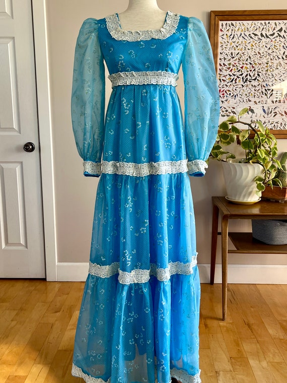 1970’s blue maxi dress, flocked flower polka dot … - image 5