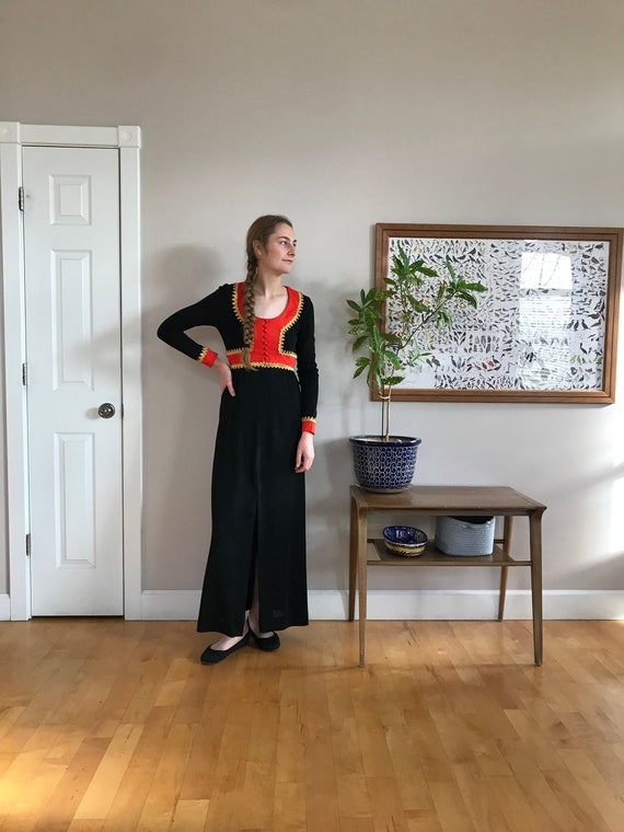 1970's statement maxi dress, bold orangey red pop 