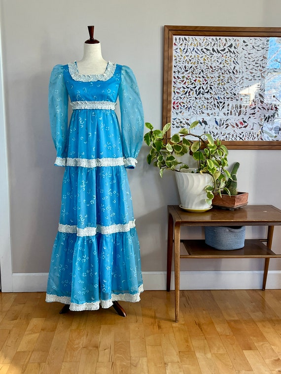 1970’s blue maxi dress, flocked flower polka dot … - image 2