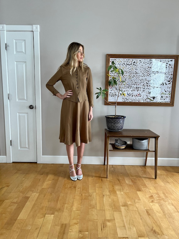 1940's taupe 3/4 sleeve dress cold rayon, peplum … - image 1