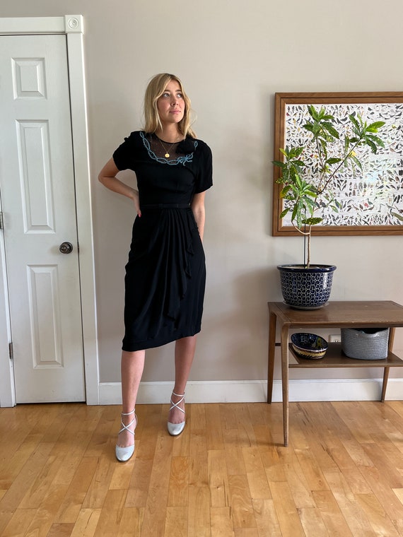 1940's Turquoise and Silver Beaded Illusion Neckline Black Formal Dress,  Pleated Hip Swag Detail Belt W/bow, Excellent Condition Size Small - Etsy
