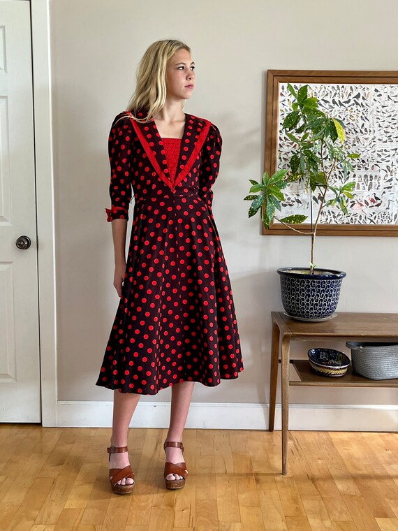 1970’s does 1950’s dress, fit & flare, polka dot … - image 4