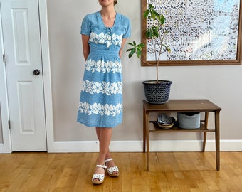 1940’s sky blue w/ white flowers dress  early "L’Aiglon" shirtdress very 30s silhouette, incredible design & print great condition size XS/S