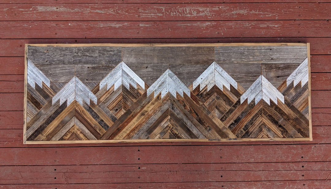 Rustic Mountain Wood Wall Art Panoramic With Gray Sky. Hand Crafted