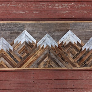 Rustic mountain wood wall art panoramic with gray sky. Hand crafted from reclaimed wood by DoxaDesign